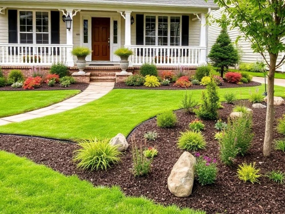 Front-yard landscaping with a new lawn, planting beds and a stone walkway